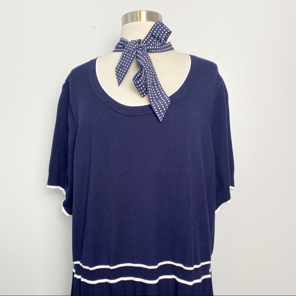 NWT Draper James Dots Bowtie Neck Navy Blue Pleated Sweater Knit Dress Womens 3X - Picture 3 of 14